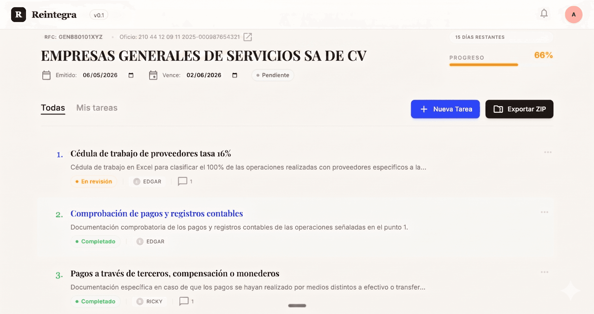 Panel de tareas de Reintegra — requerimiento de IVA organizado por puntos